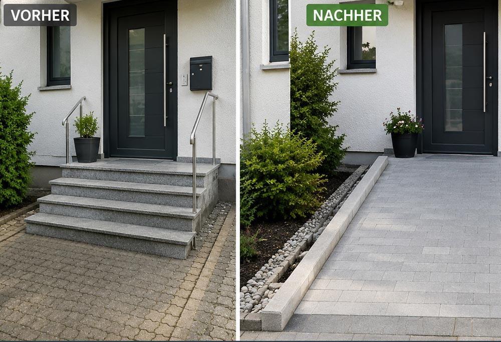Vorher-Nachher-Darstellung eines umgebauten Hauseingangs mit barrierefreiem Zugang für ältere Menschen und Menschen mit eingeschränkter Mobilität.