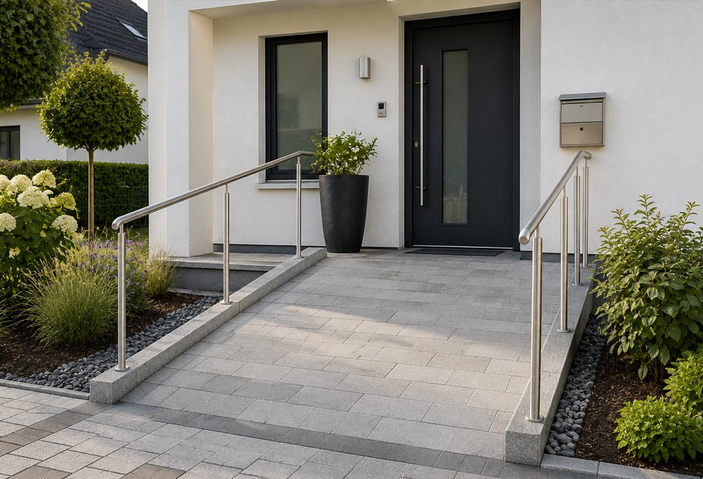 Professionell umgebauter Hauseingang mit barrierefreier Rampe, rutschfestem Zugang und sicherem Handlauf für Senioren und Menschen mit eingeschränkter Mobilität.