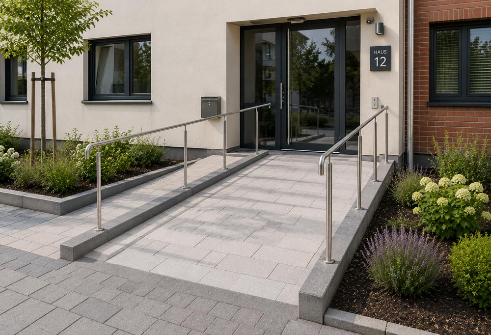 Barrierefreier Eingangsbereich mit moderner Rampe, breitem Zugangsweg und sicherer Pflasterung für Menschen mit eingeschränkter Mobilität und Senioren.