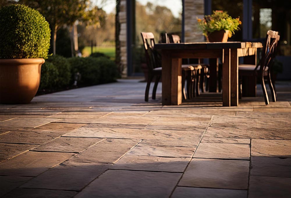 Professionell angelegte Terrasse aus Naturstein mit langlebiger und hochwertiger Pflasterung für den Außenbereich.